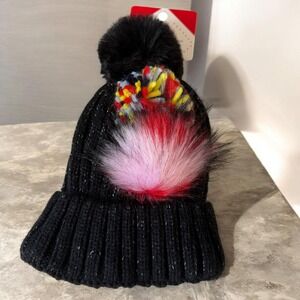 BP Black Knit Pom Beanie Interchangeable Faux Fur Pom Winter Cozy Streetwear